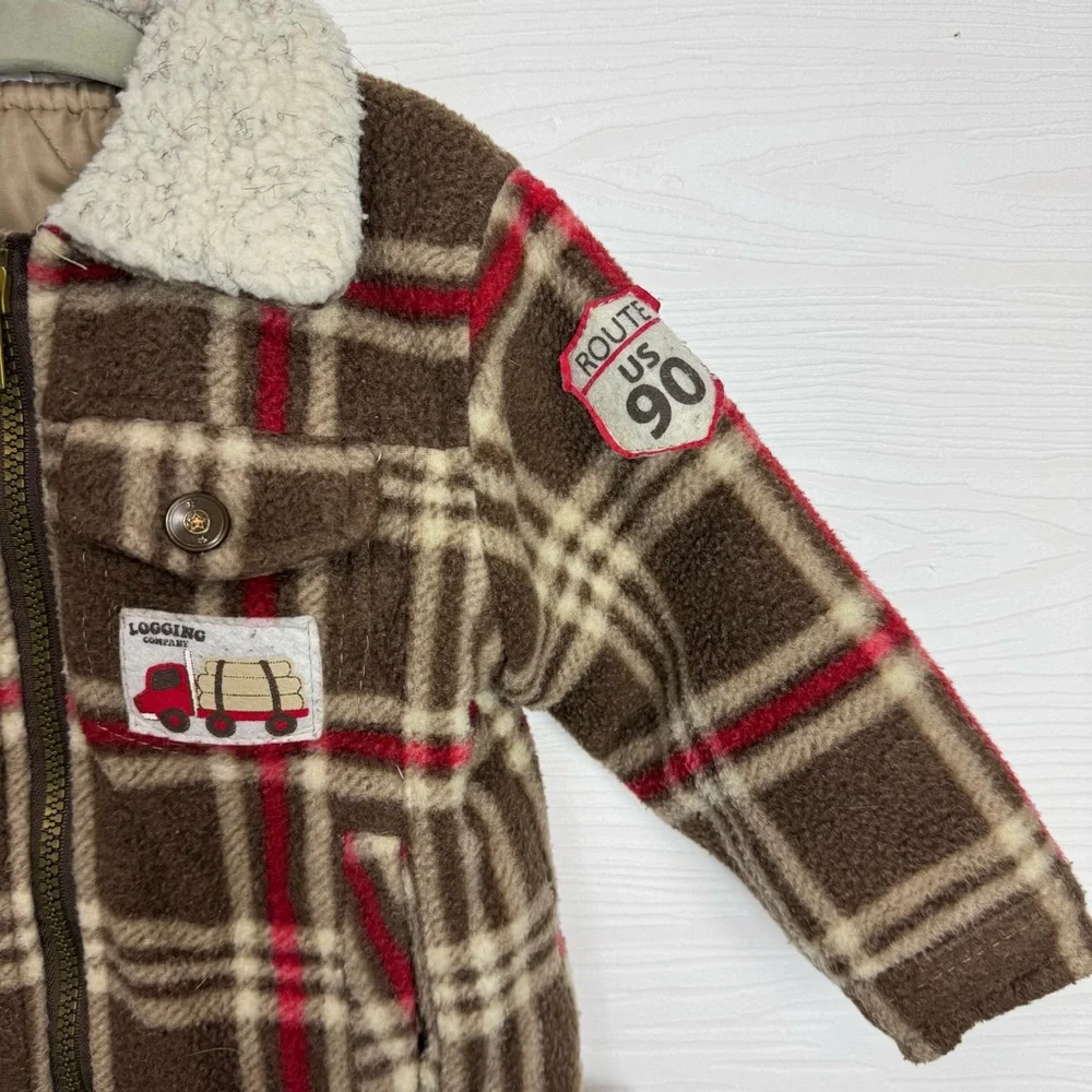 Kids Play Boys Lumberjack Plaid‎ Brown Kids Jacket with Sherpa Collar
